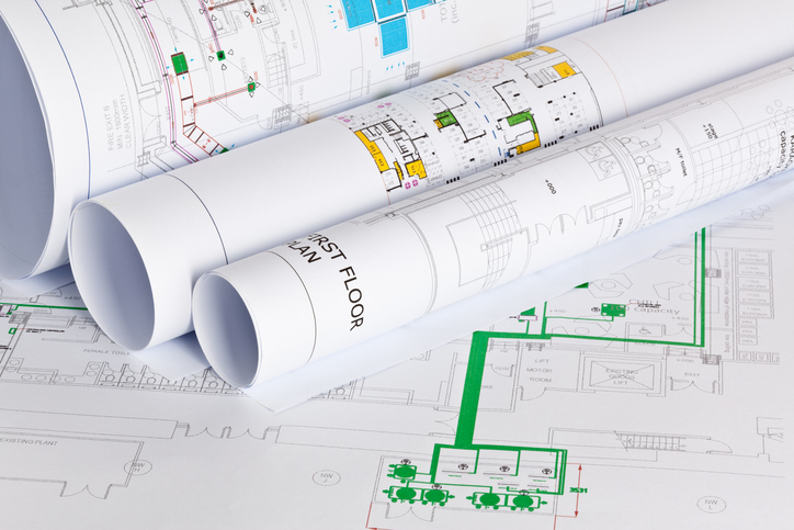 Rolled up technical drawings